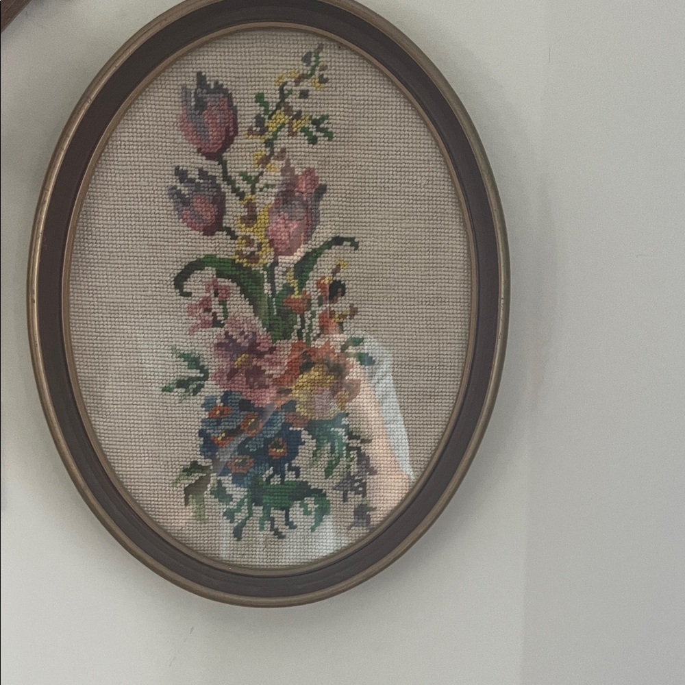 Framed Oval Floral Needlepoint Wall Art - Pink, Blue, Green